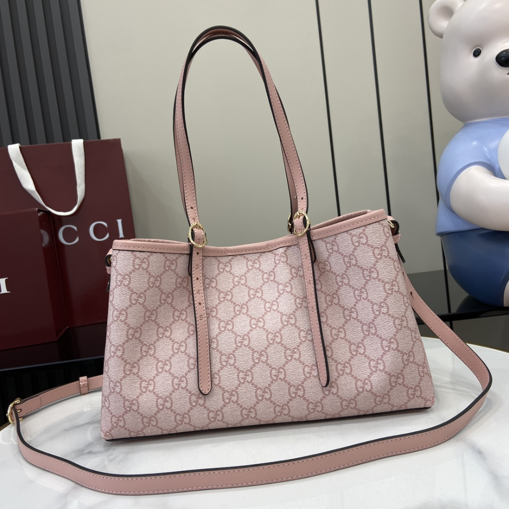 Light Pink Coated Fabric GG Emblem Medium Leather Tote Bag for Women