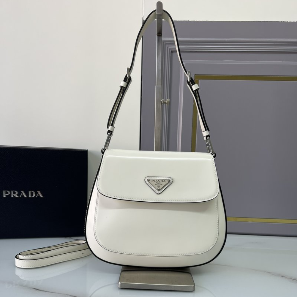 Medium Cleo Brushed Leather White Leather Shoulder Bag for Women