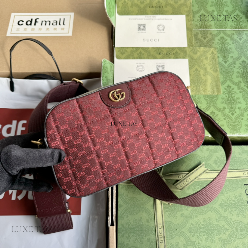 Burgundy Quilted Mini GG Canvas Small Crossbody Bag - Leather Crossbody Bag for Men
