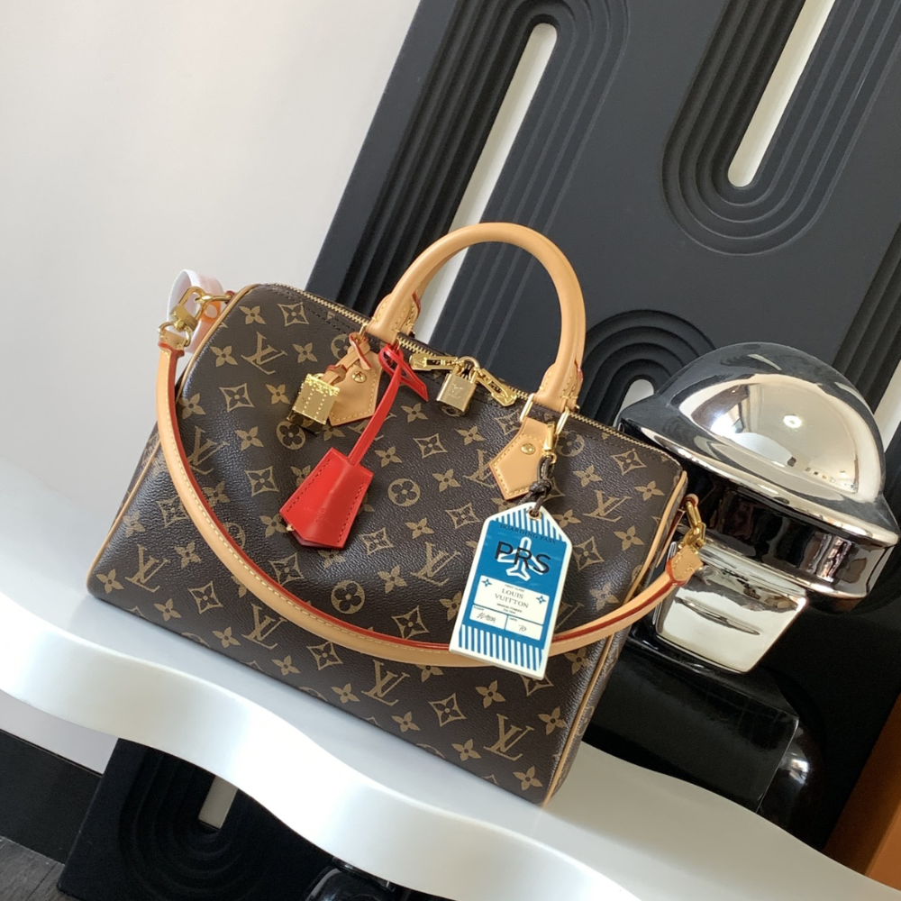 Monogram Red Speedy Soft 30 Crafty Leather Handbag for Men and Women