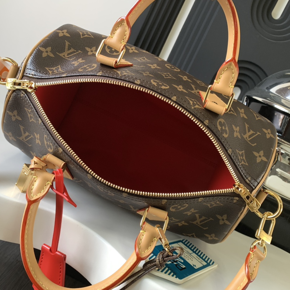 Monogram Red Speedy Soft 30 Crafty Leather Handbag for Men and Women