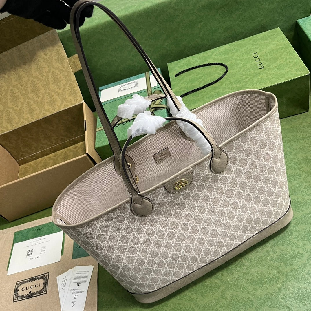 Ophidia Medium Tote Bag Beige & White