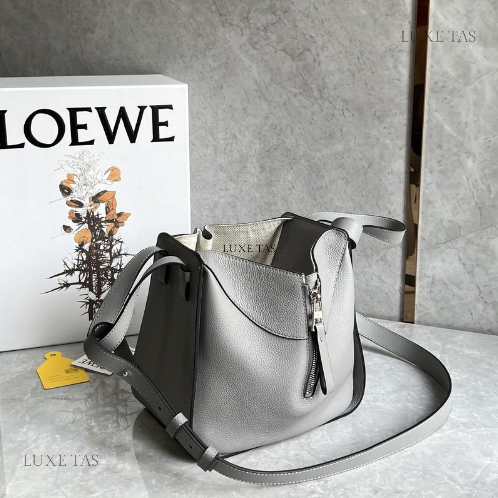 Pearl Grey Compact Hammock Bag In Soft Grained Calfskin - Leather Crossbody Bag for Women