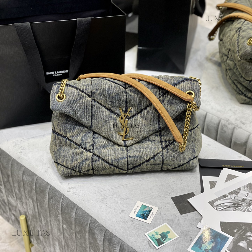 Puffer Medium In Suede And Denim - Designer Shoulder Bag for Women