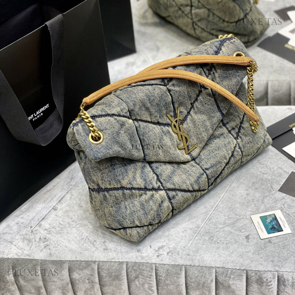 Puffer Medium In Suede And Denim - Designer Shoulder Bag for Women