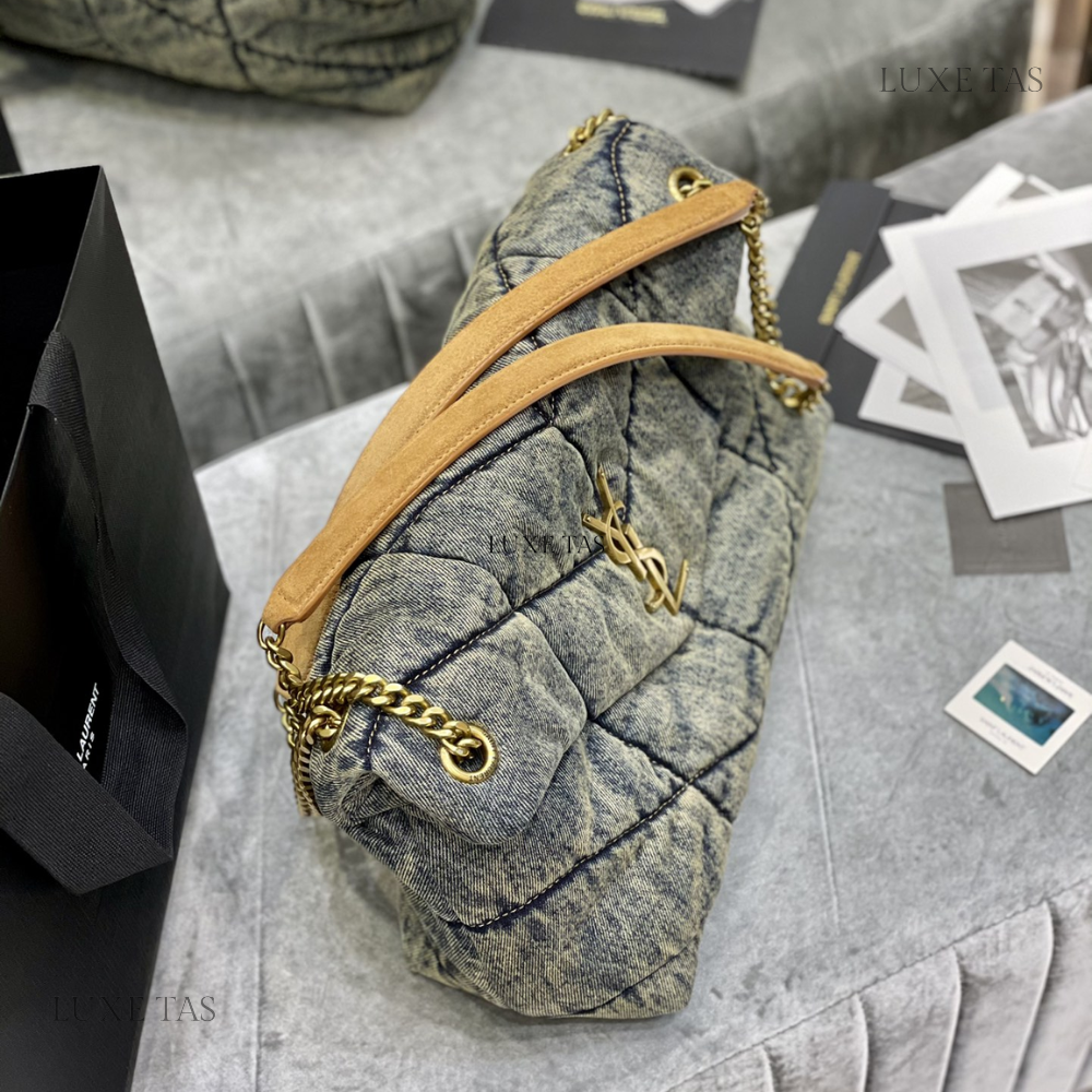 Puffer Medium In Suede And Denim - Designer Shoulder Bag for Women