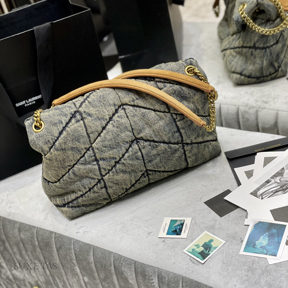 Puffer Medium In Suede And Denim - Designer Shoulder Bag for Women