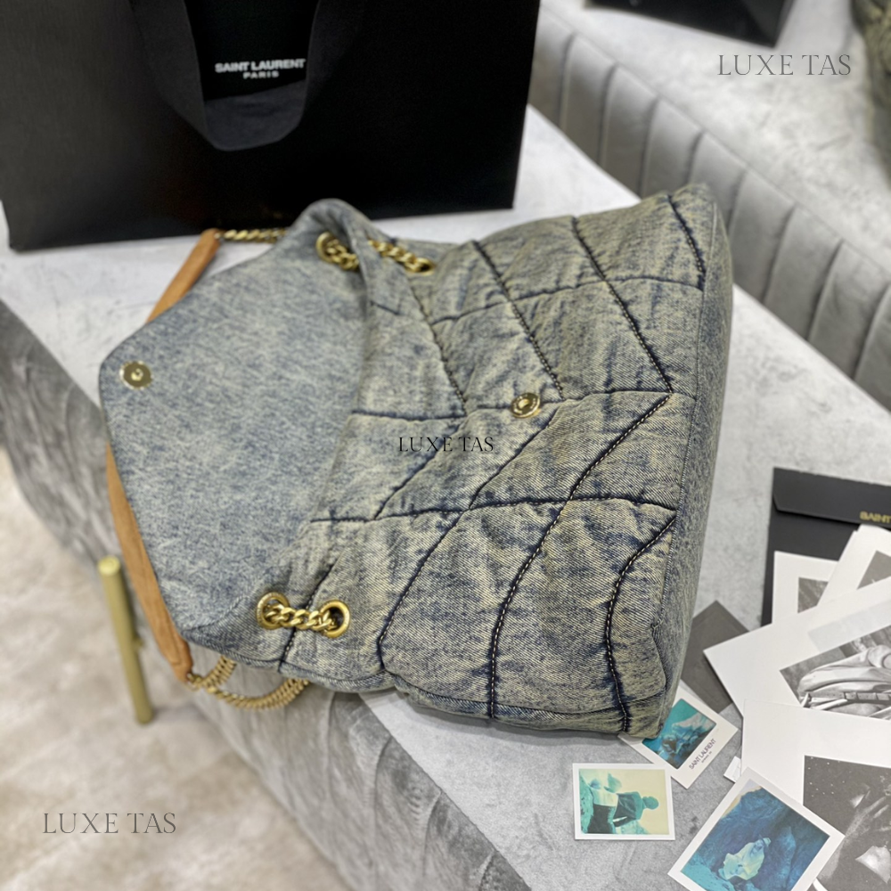 Puffer Medium In Suede And Denim - Designer Shoulder Bag for Women