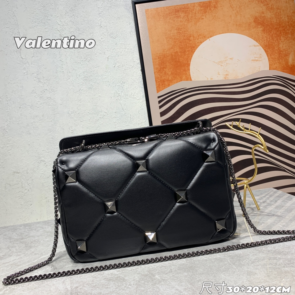 Roman Stud Quilted Foldover Top Black Leather Crossbody Bag for Women