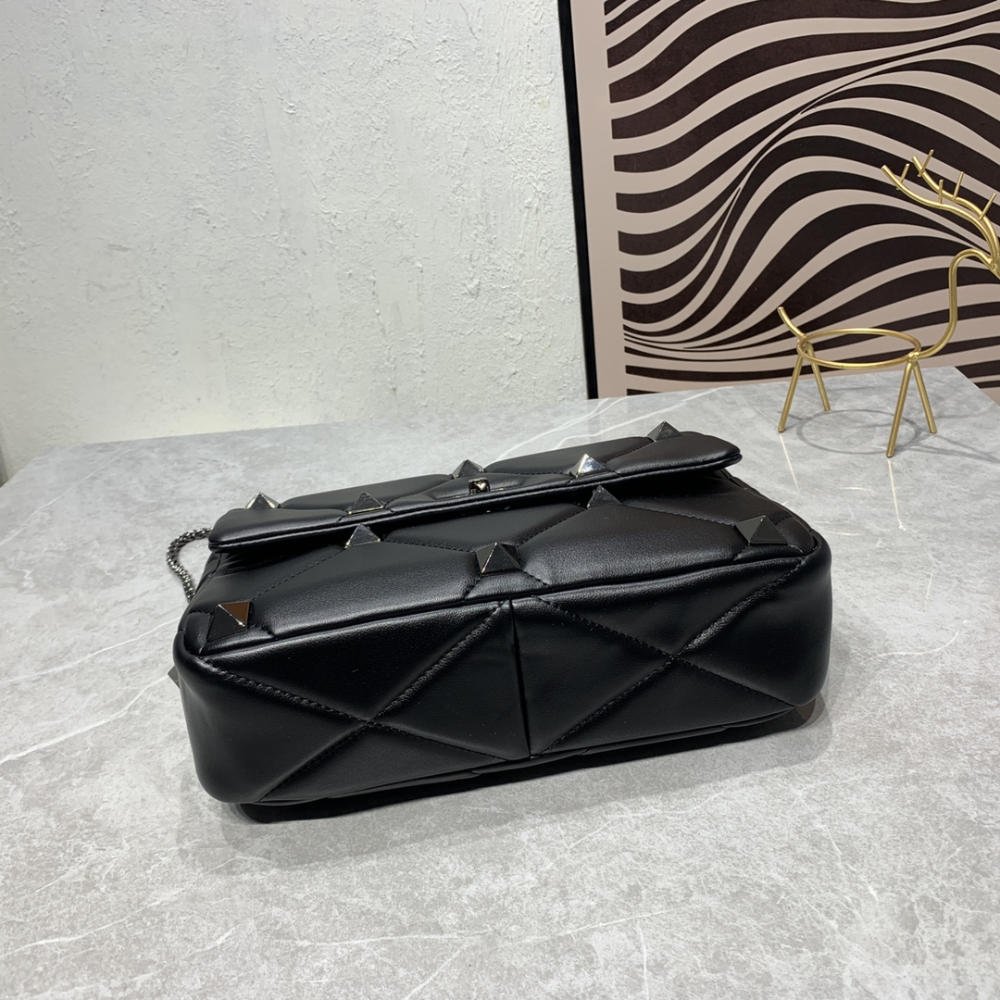 Roman Stud Quilted Foldover Top Black Leather Crossbody Bag for Women