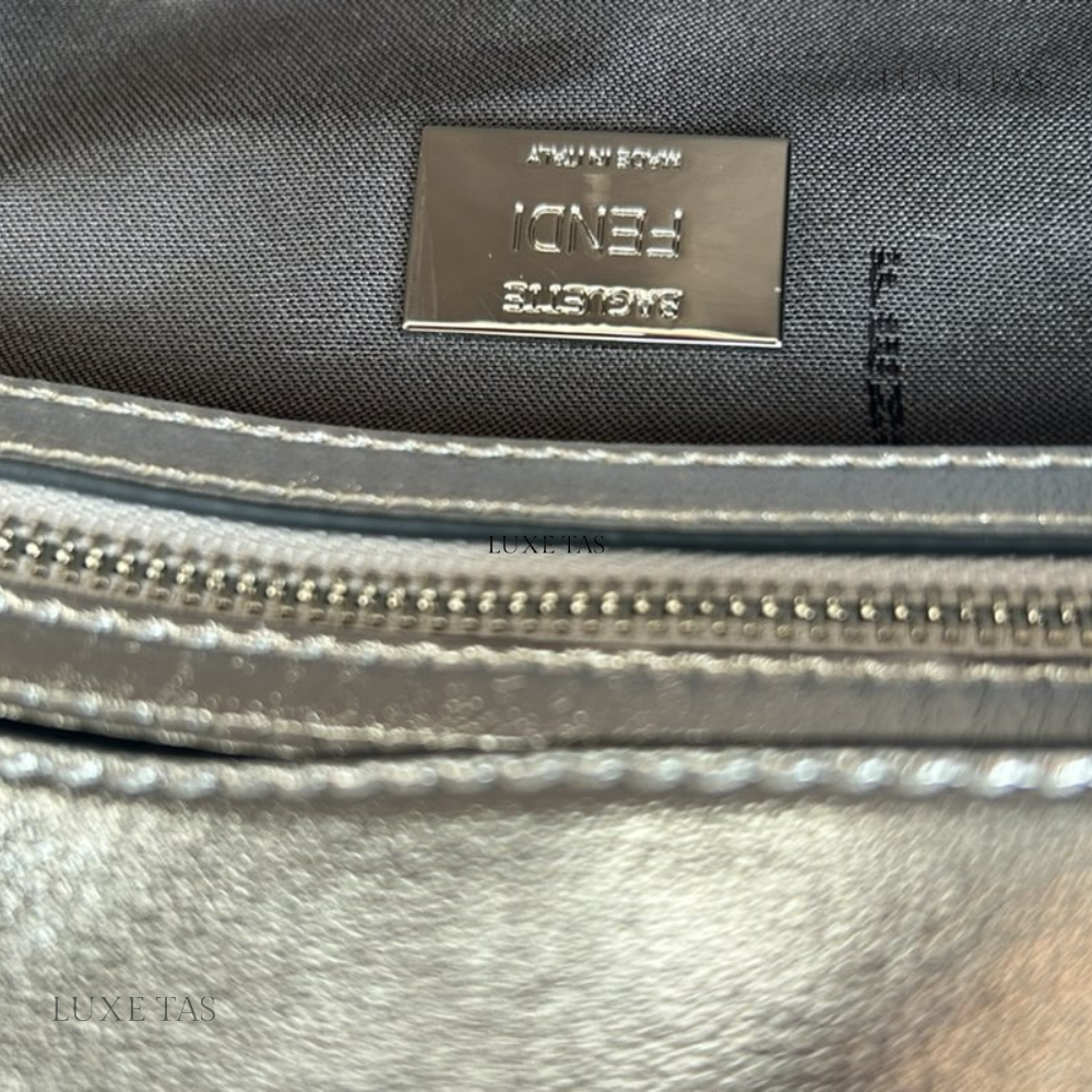 Silver Leather Bag With Crystal FF Motif Baguette - Leather Handbag for Women