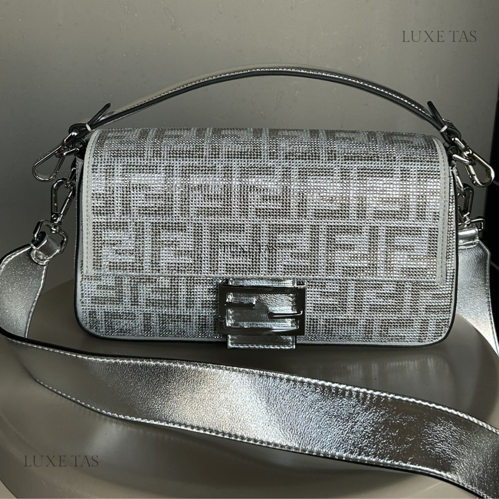 Silver Leather Bag With Crystal FF Motif Baguette - Leather Handbag for Women