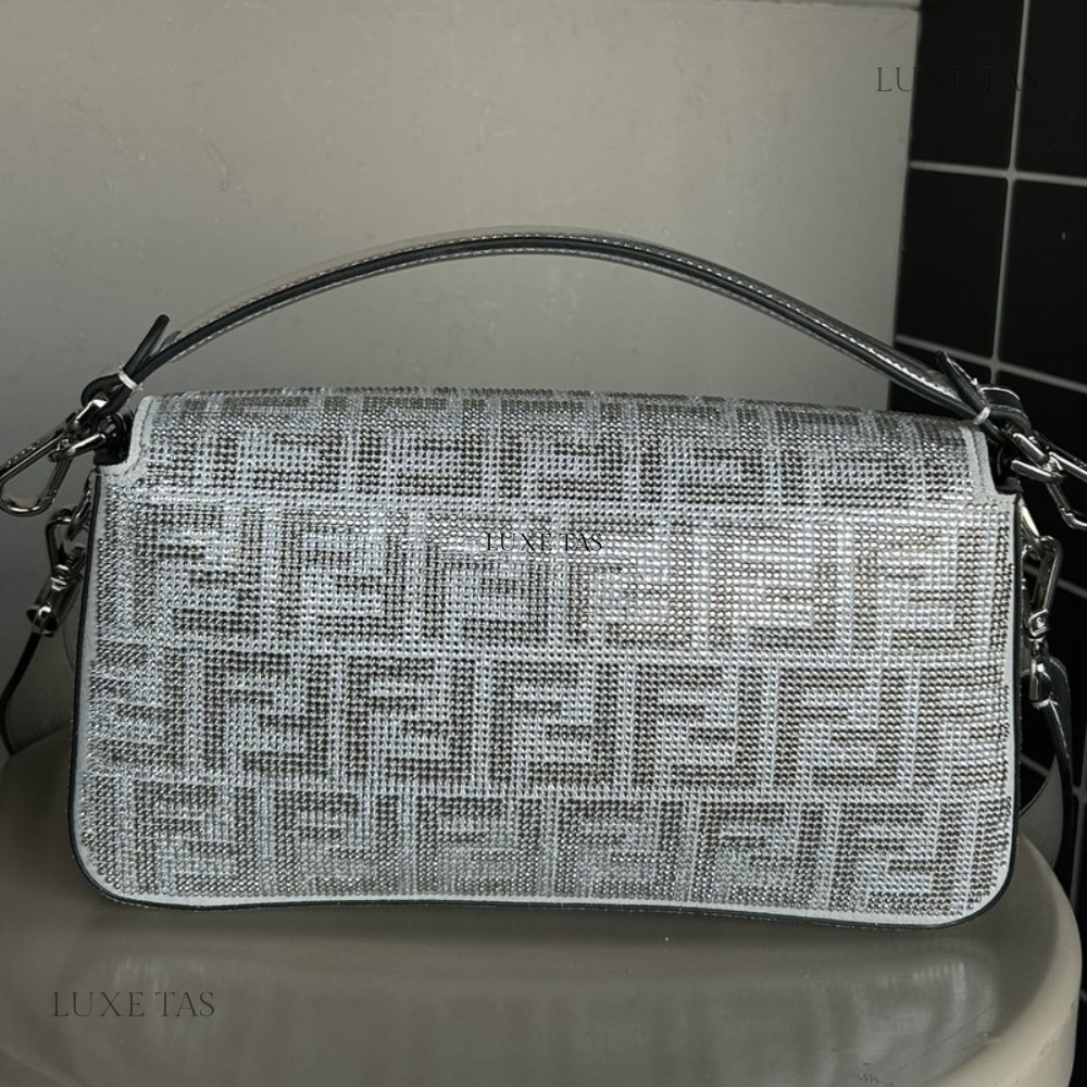 Silver Leather Bag With Crystal FF Motif Baguette - Leather Handbag for Women