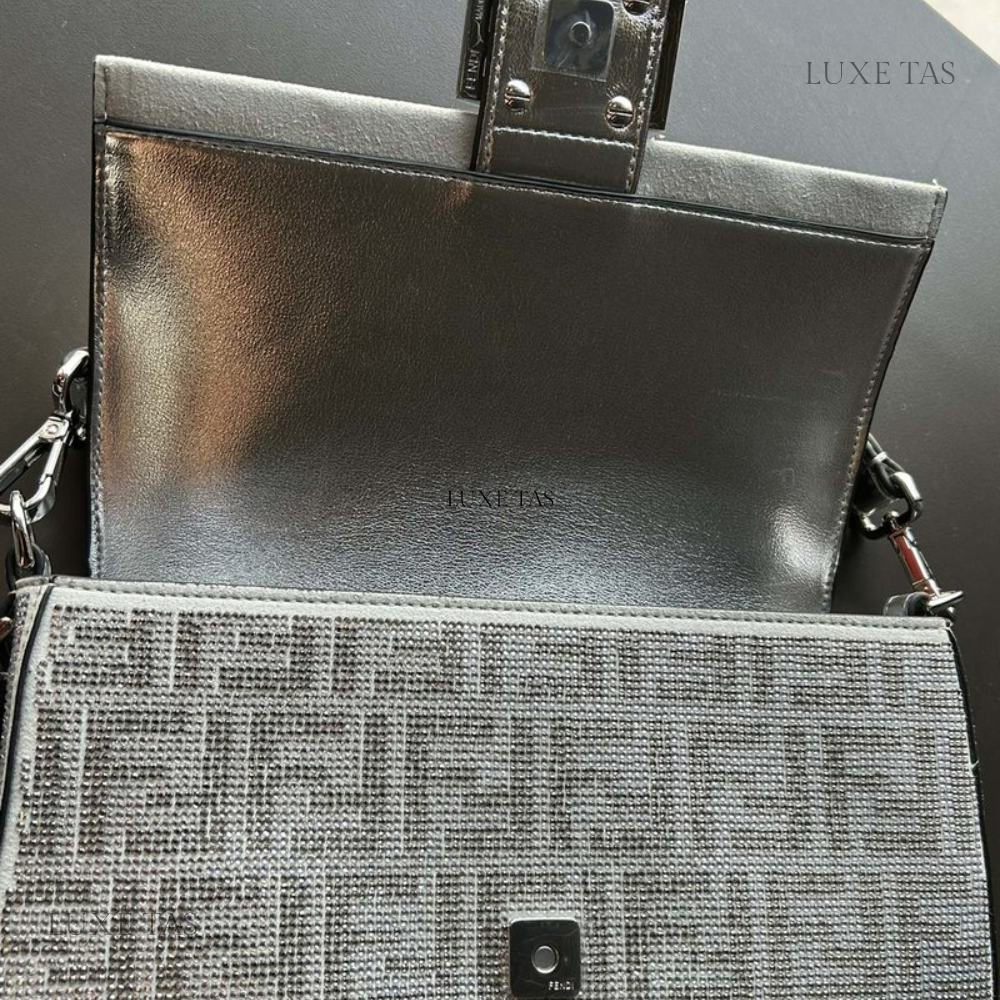 Silver Leather Bag With Crystal FF Motif Baguette - Leather Handbag for Women