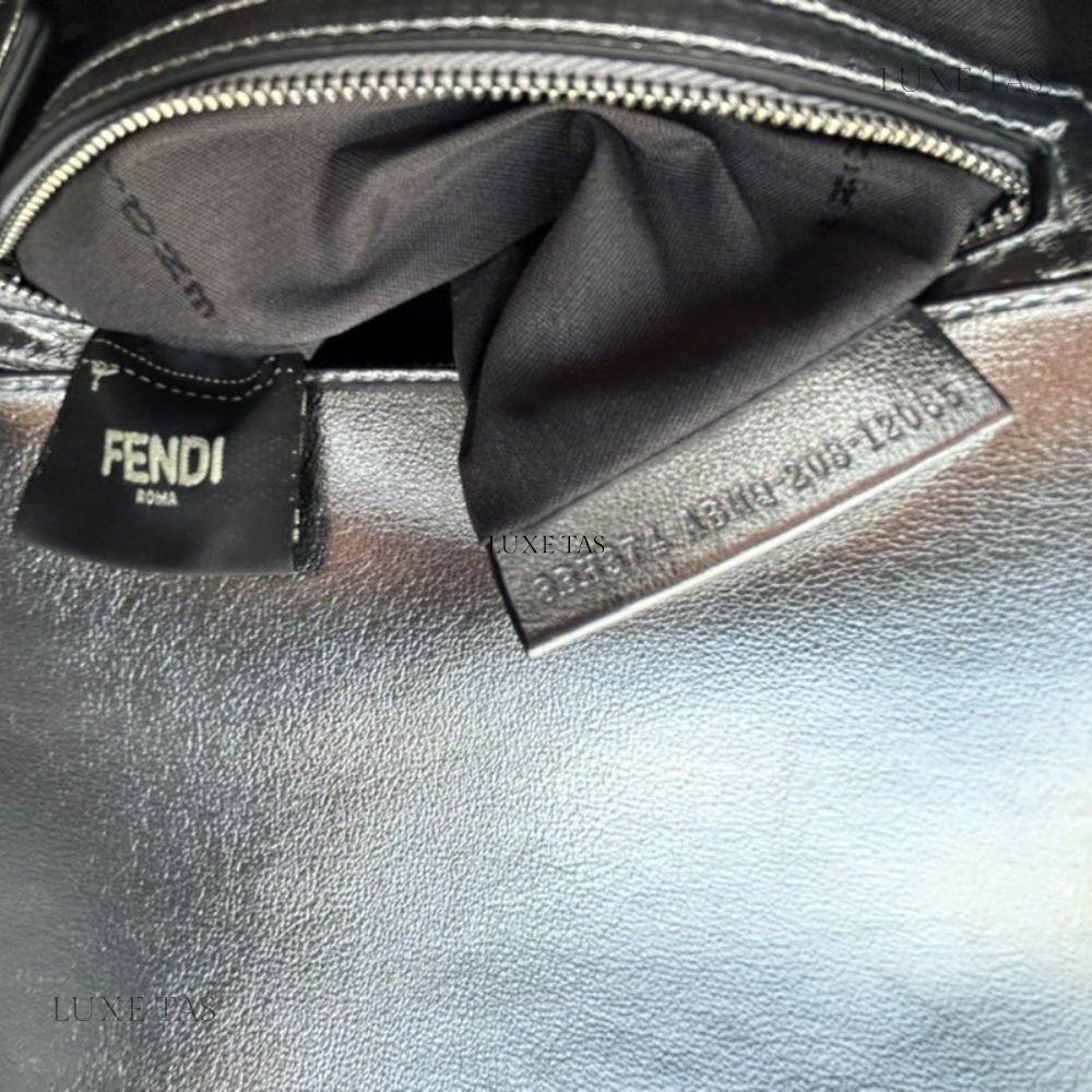 Silver Leather Bag With Crystal FF Motif Baguette - Leather Handbag for Women
