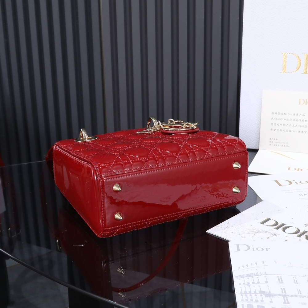 Small Lady D*R Bag Cherry Red Patent Cannage Calfskin Leather Handbag for Women