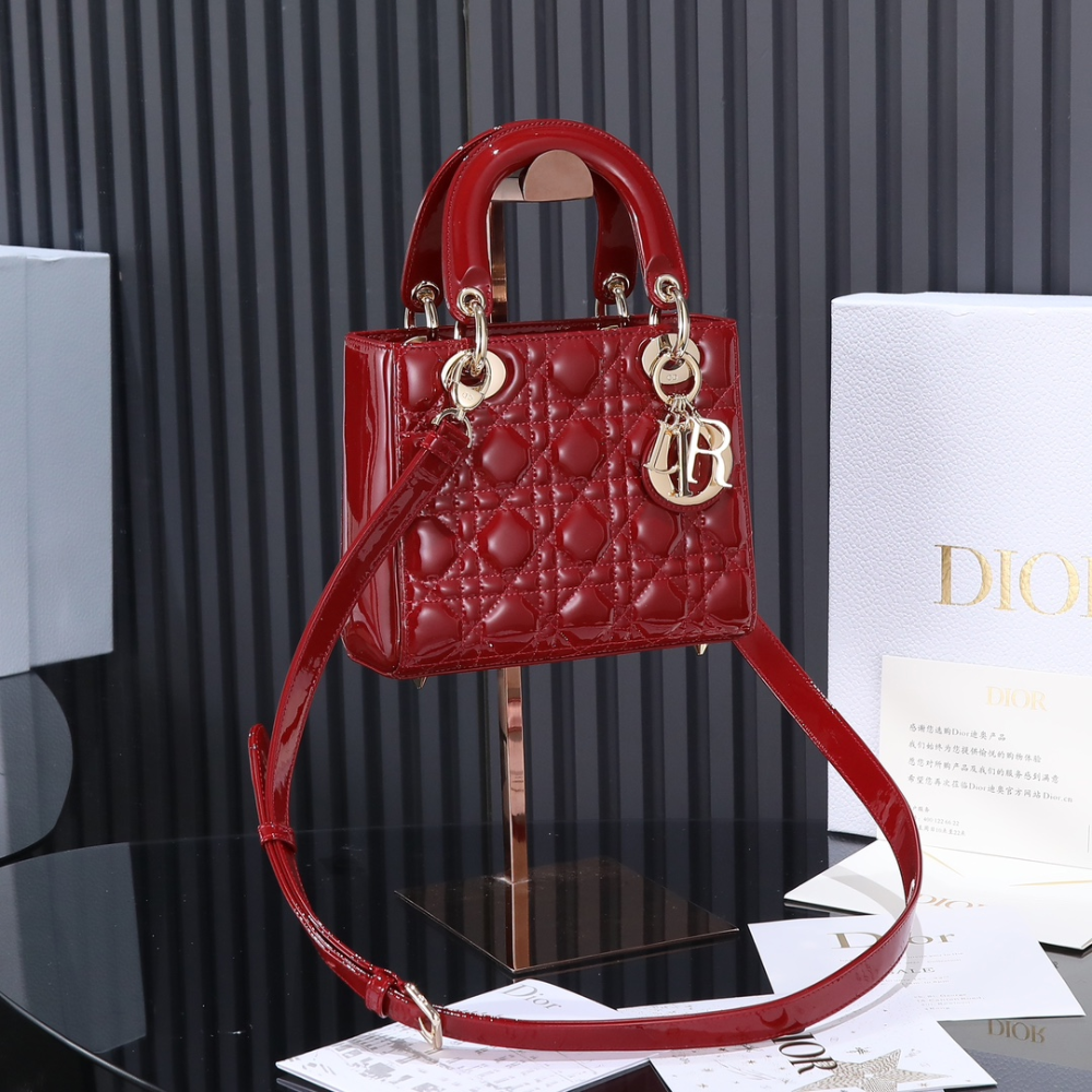 Small Lady D*R Bag Cherry Red Patent Cannage Calfskin Leather Handbag for Women