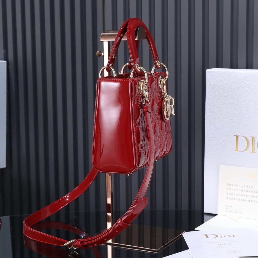 Small Lady D*R Bag Cherry Red Patent Cannage Calfskin Leather Handbag for Women