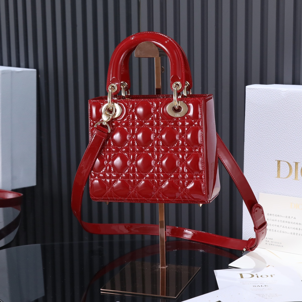 Small Lady D*R Bag Cherry Red Patent Cannage Calfskin Leather Handbag for Women