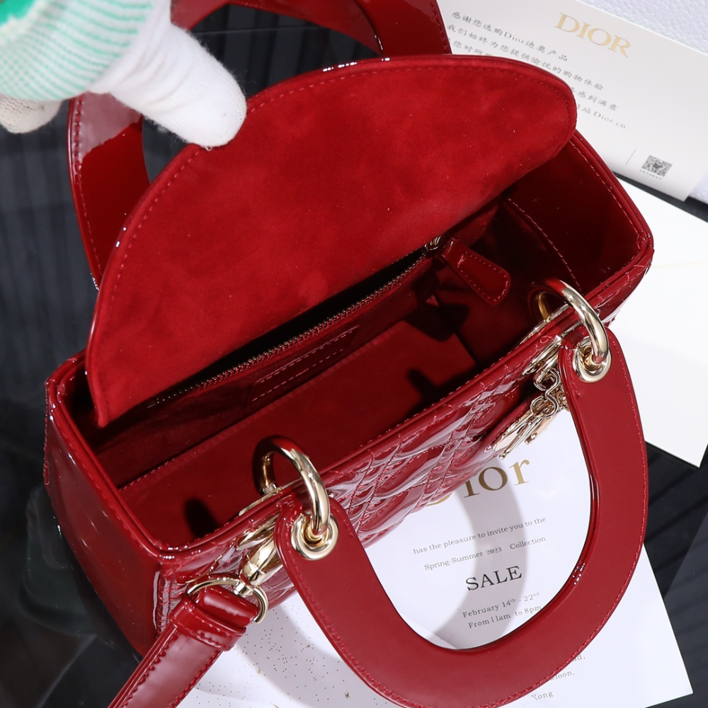 Small Lady D*R Bag Cherry Red Patent Cannage Calfskin Leather Handbag for Women