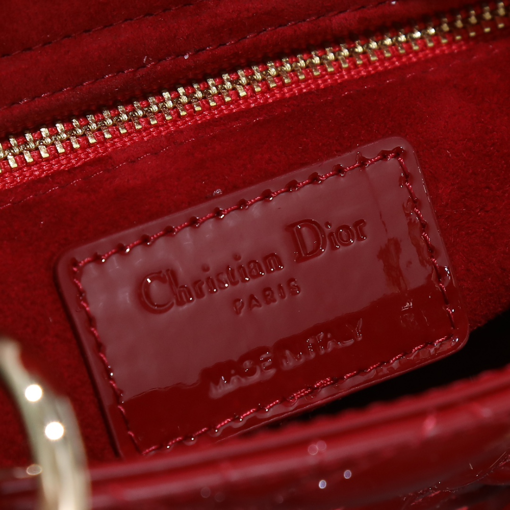 Small Lady D*R Bag Cherry Red Patent Cannage Calfskin Leather Handbag for Women