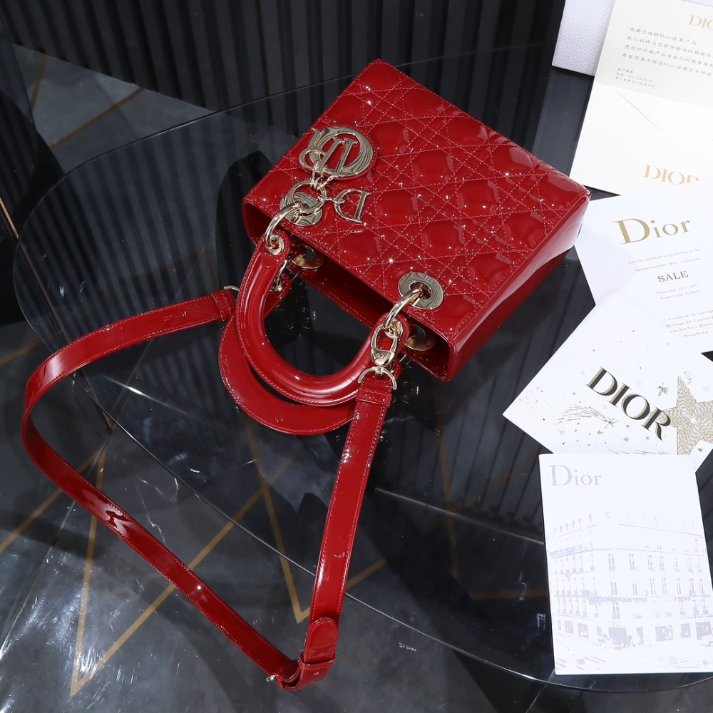 Small Lady D*R Bag Cherry Red Patent Cannage Calfskin Leather Handbag for Women