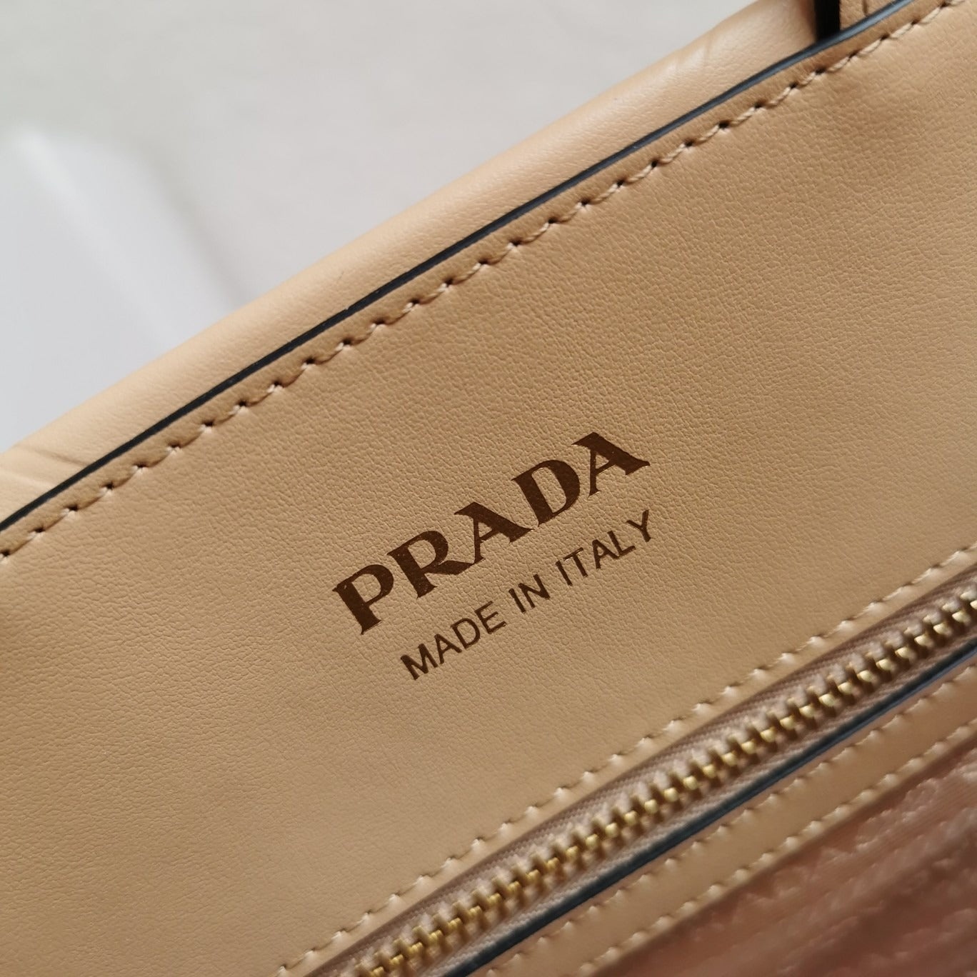 Small Leather PRD Symbole Bag With Topstitching Sand Beige