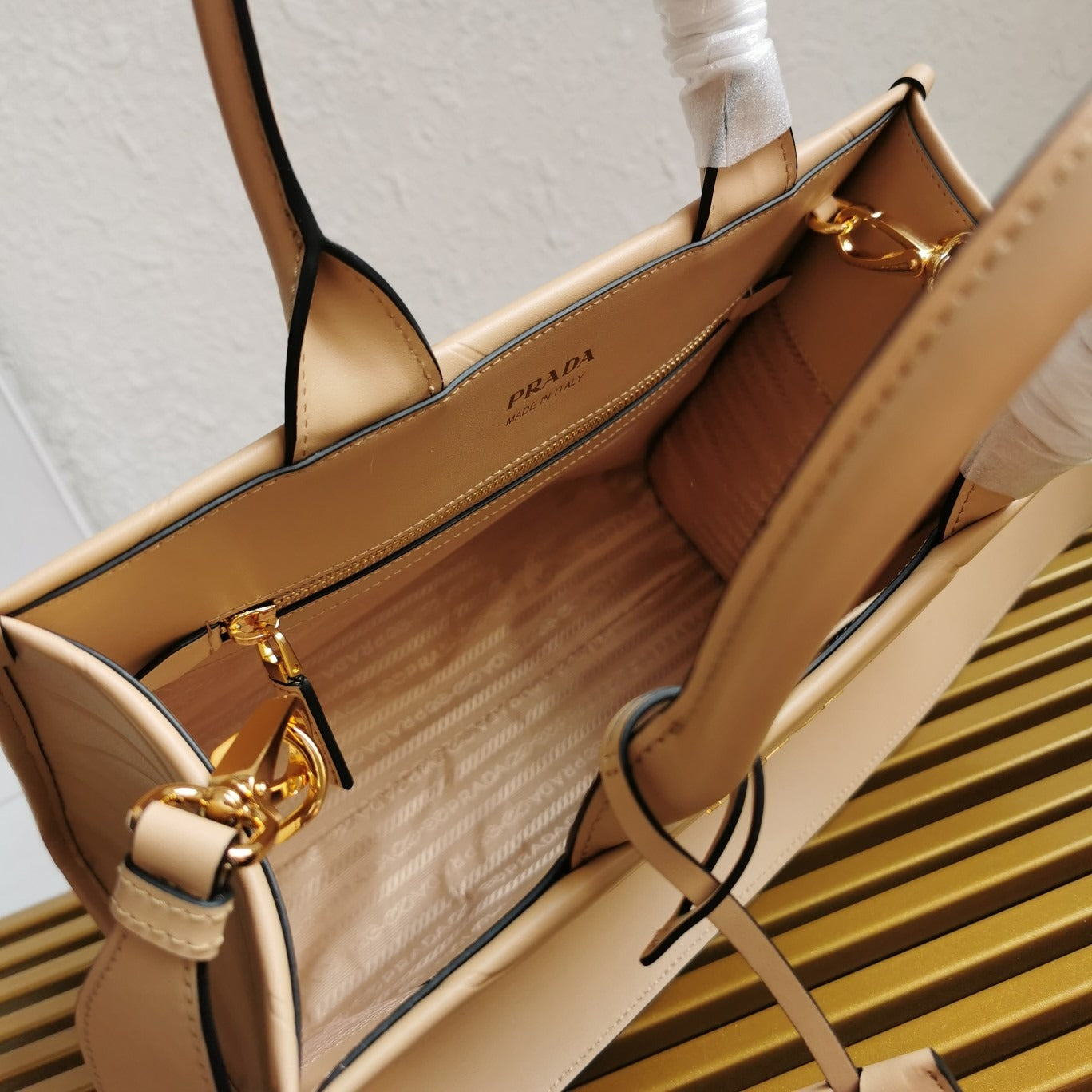 Small Leather PRD Symbole Bag With Topstitching Sand Beige