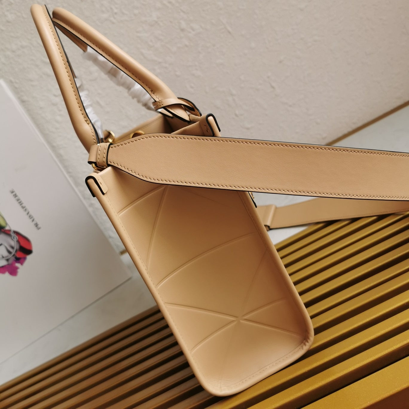Small Leather PRD Symbole Bag With Topstitching Sand Beige
