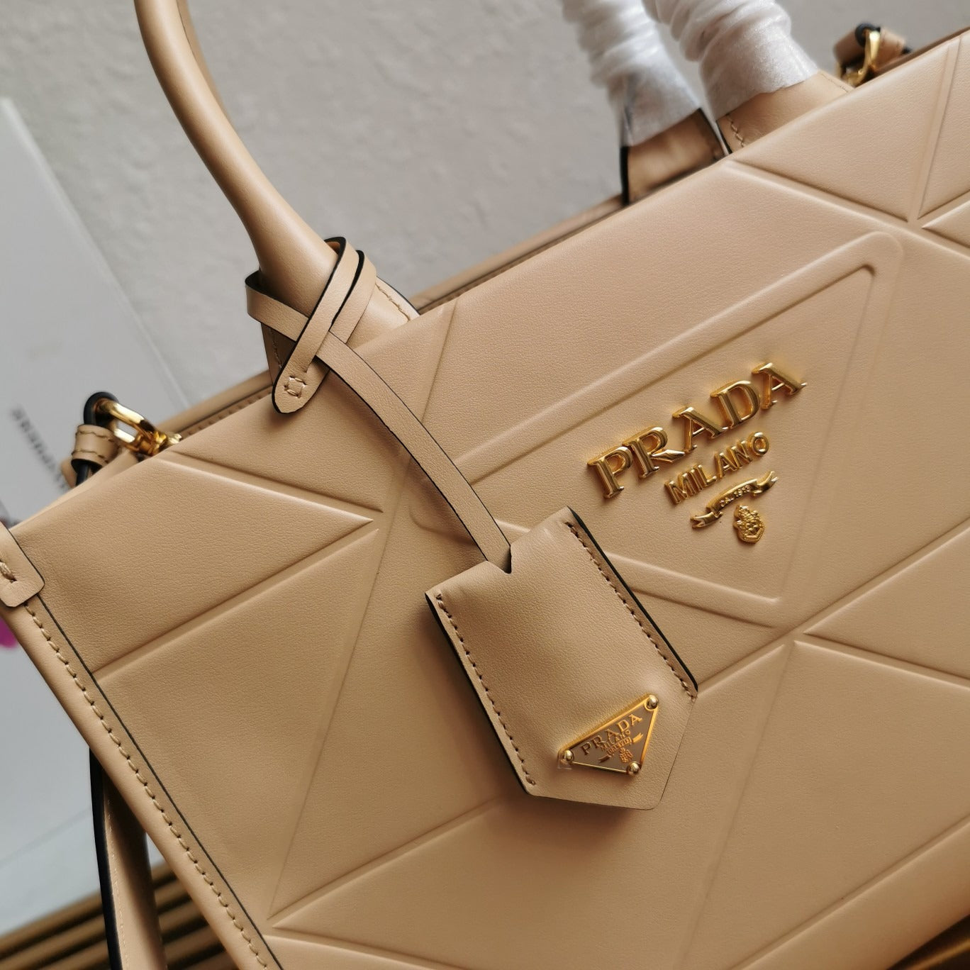 Small Leather PRD Symbole Bag With Topstitching Sand Beige