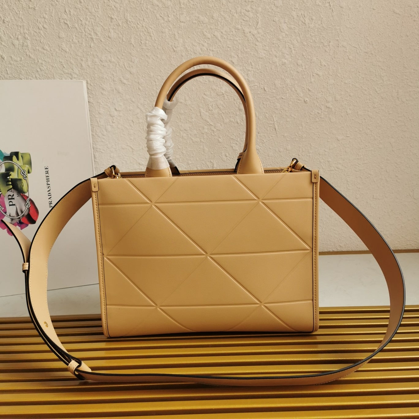Small Leather PRD Symbole Bag With Topstitching Sand Beige