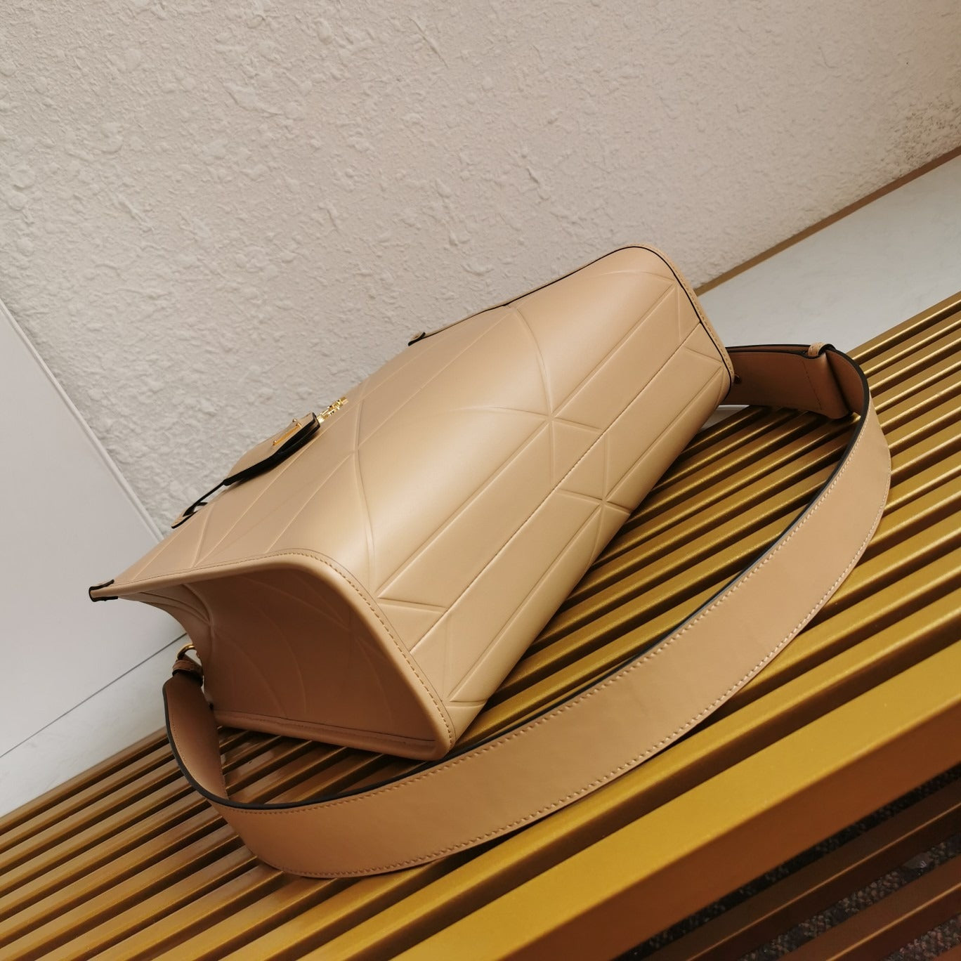 Small Leather PRD Symbole Bag With Topstitching Sand Beige
