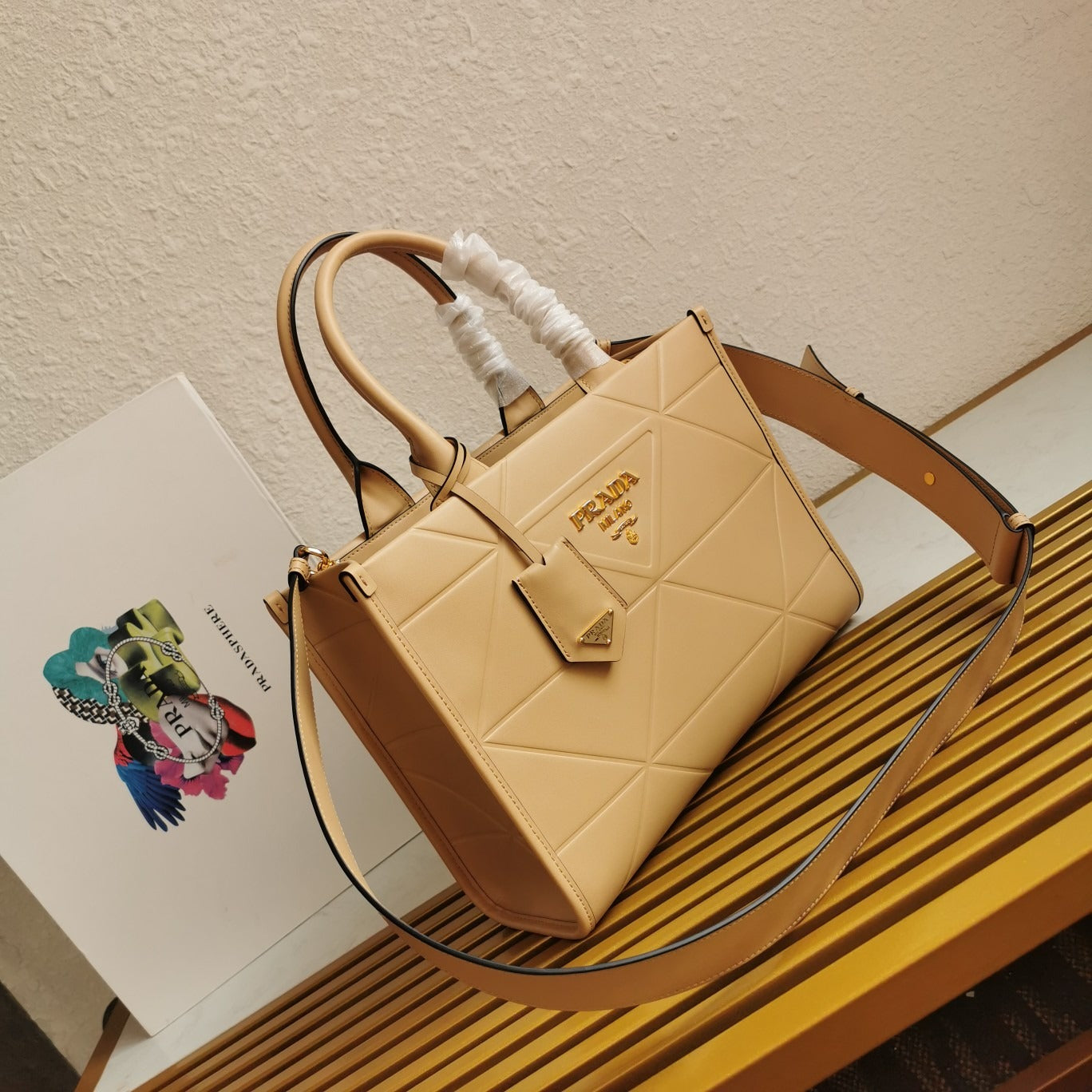 Small Leather PRD Symbole Bag With Topstitching Sand Beige