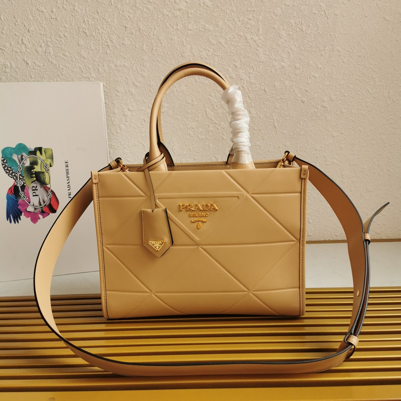 Small Leather PRD Symbole Bag With Topstitching Sand Beige