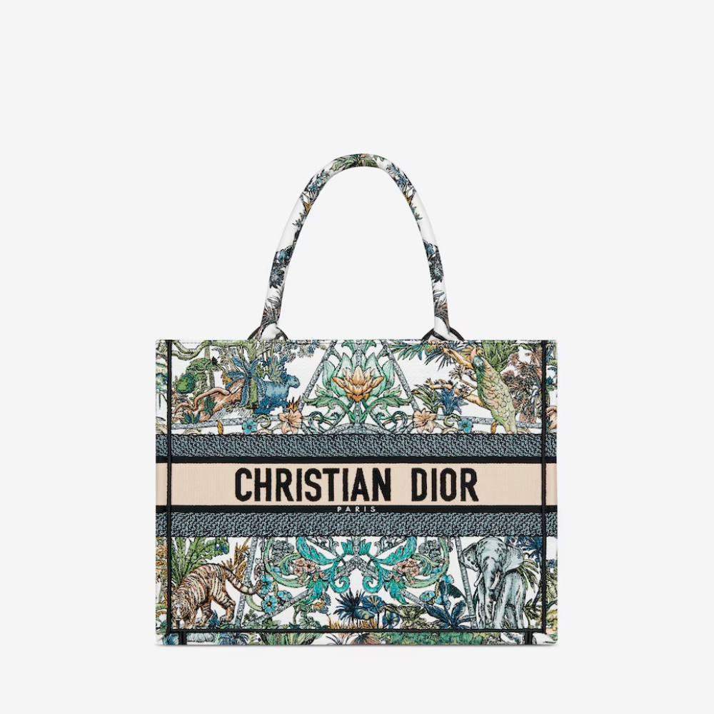 White Multicolor Étoile de Voyage Embroidery Medium D Book Tote