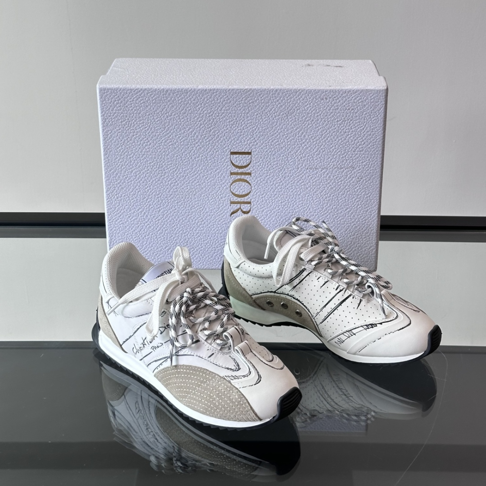 White Nylon and Calfskin D-Sketch Sneaker Designer Sneakers for Men and Women