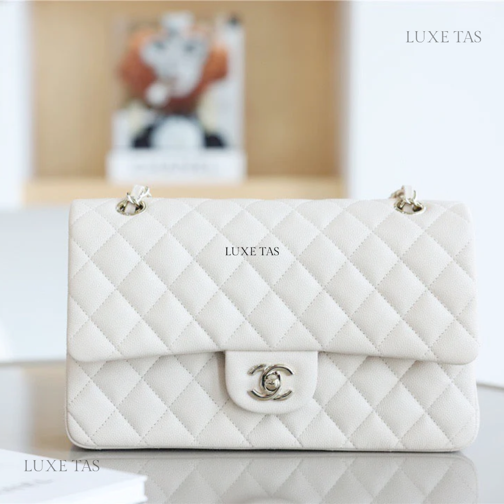 White Quilted Caviar Medium Classic Double Flap Bag Silver Hardwar