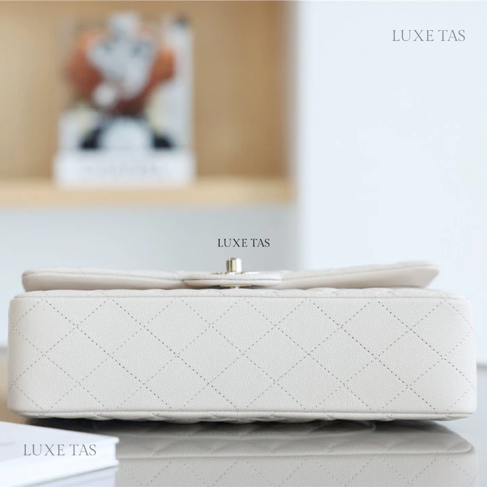 White Quilted Caviar Medium Classic Double Flap Bag Silver Hardwar