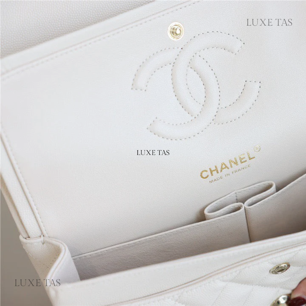 White Quilted Caviar Medium Classic Double Flap Bag Silver Hardwar