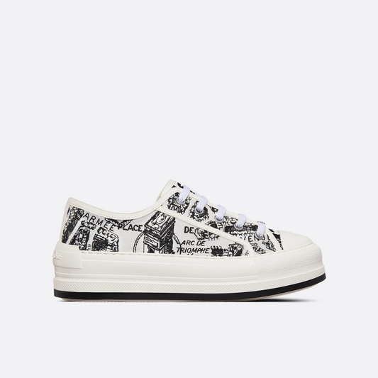White and Black Cotton Embroidered with Plan de Paris Motif Walk'n'D Platform Designer Sneakers for Women