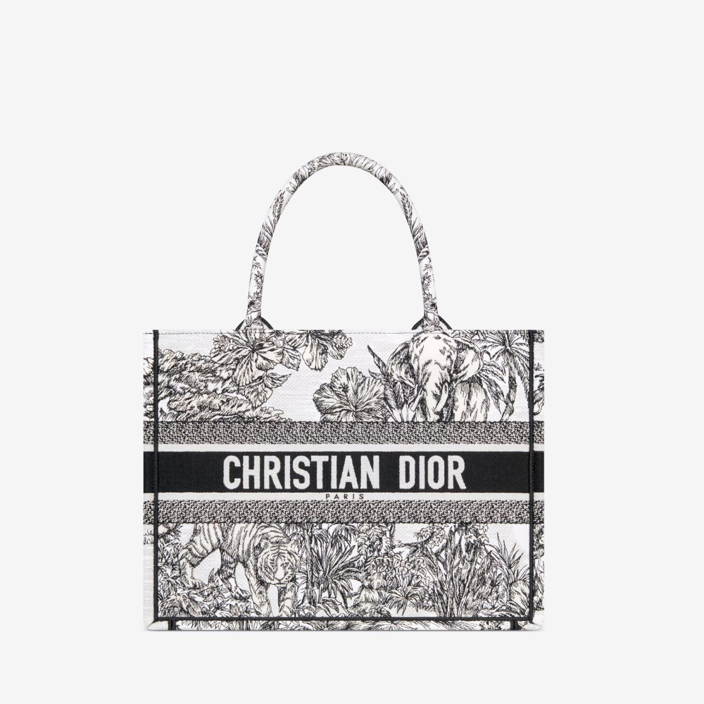 White and Black Toile de Jouy Voyage Embroidery Medium D Book Tote