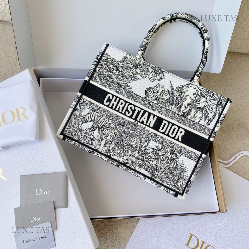 White and Black Toile de Jouy Voyage Embroidery Medium D Book Tote