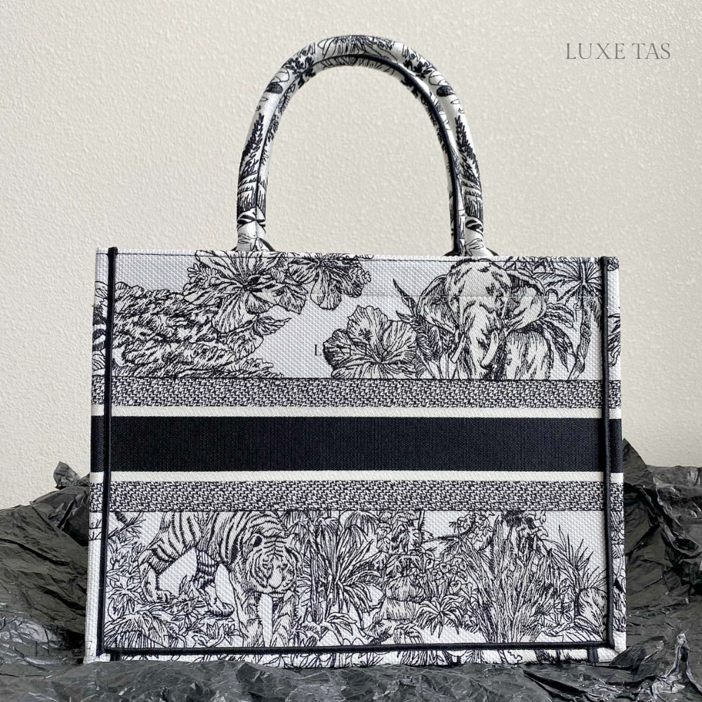 White and Black Toile de Jouy Voyage Embroidery Medium D Book Tote