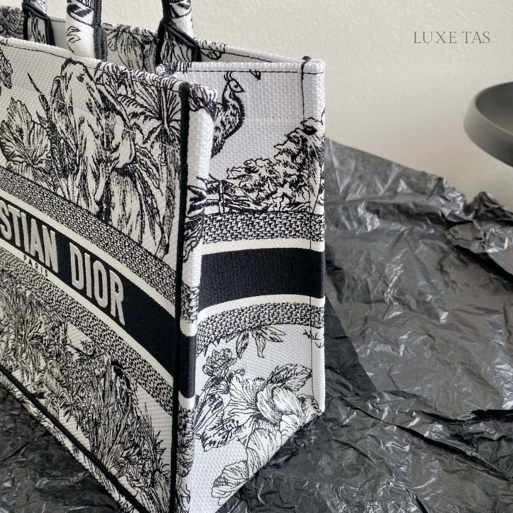 White and Black Toile de Jouy Voyage Embroidery Medium D Book Tote
