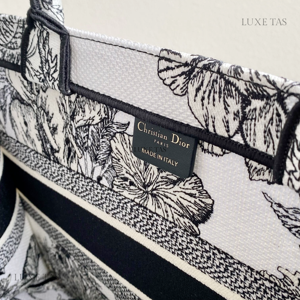 White and Black Toile de Jouy Voyage Embroidery Medium D Book Tote