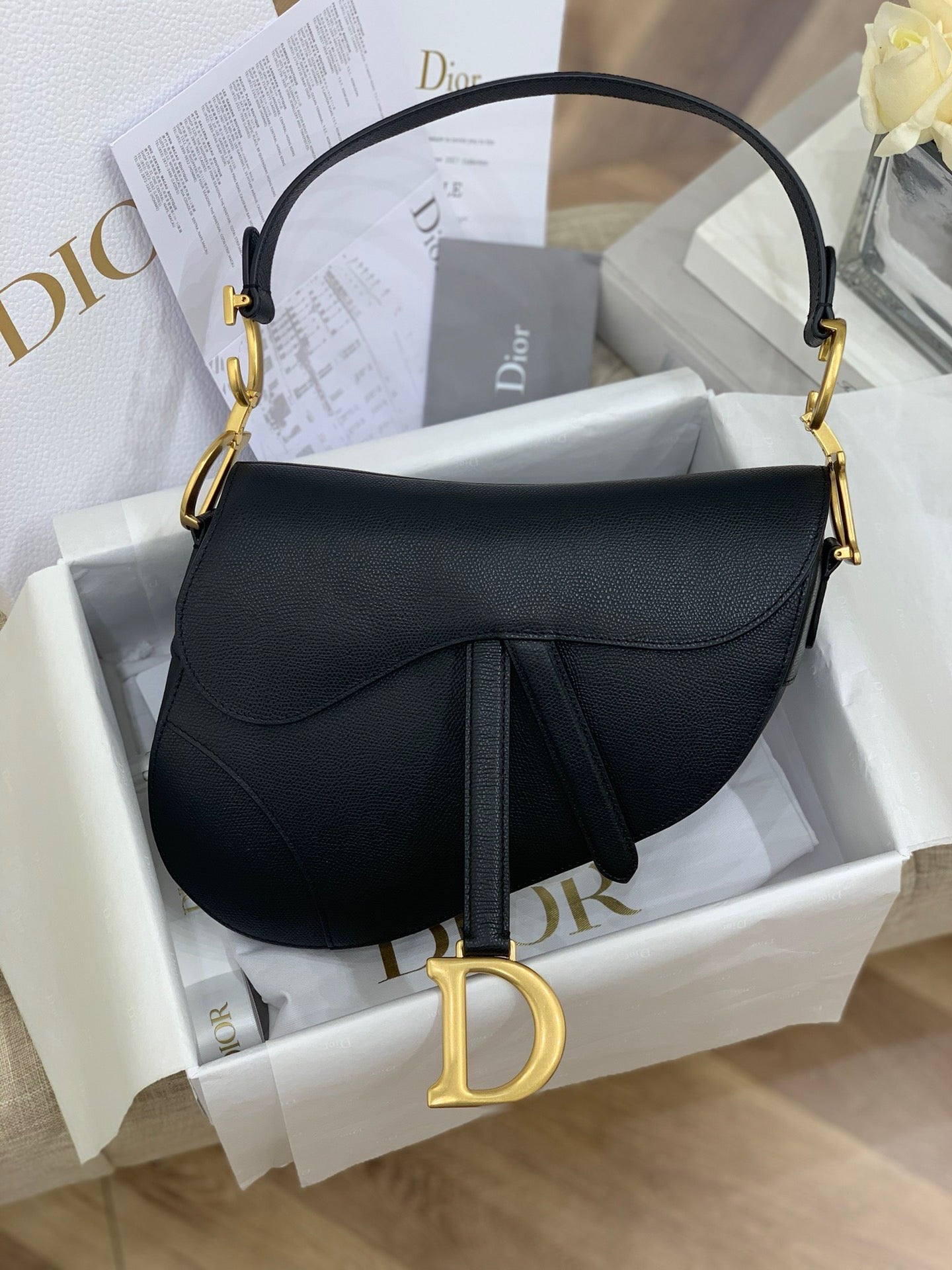 Black Grained Calfskin Saddle Bag With Strap