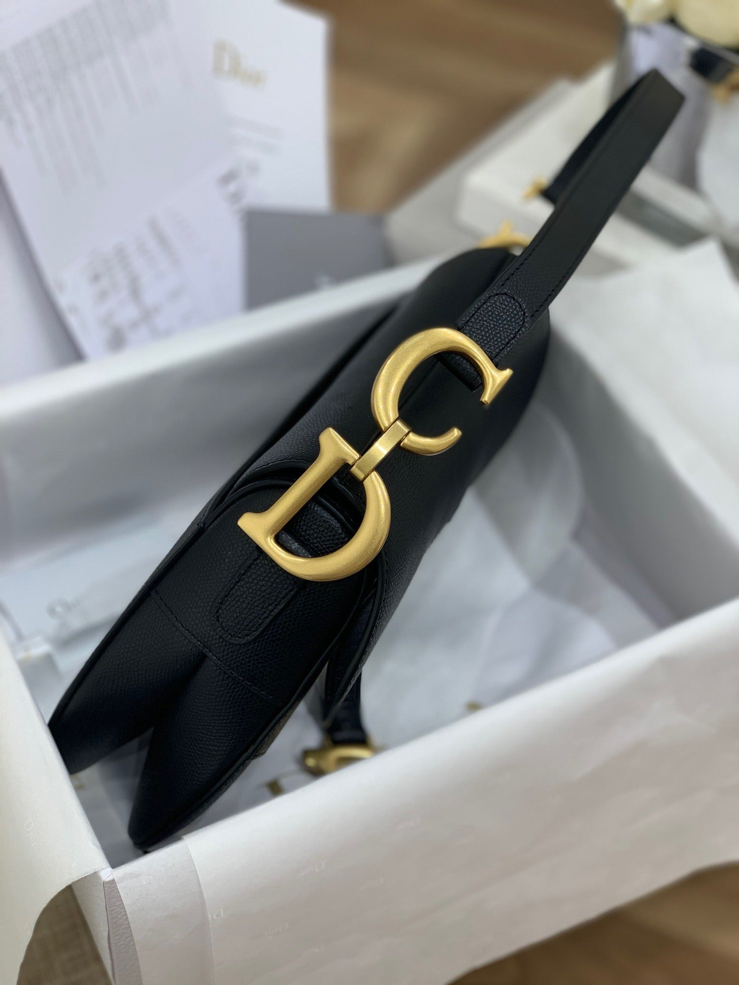 Black Grained Calfskin Saddle Bag With Strap