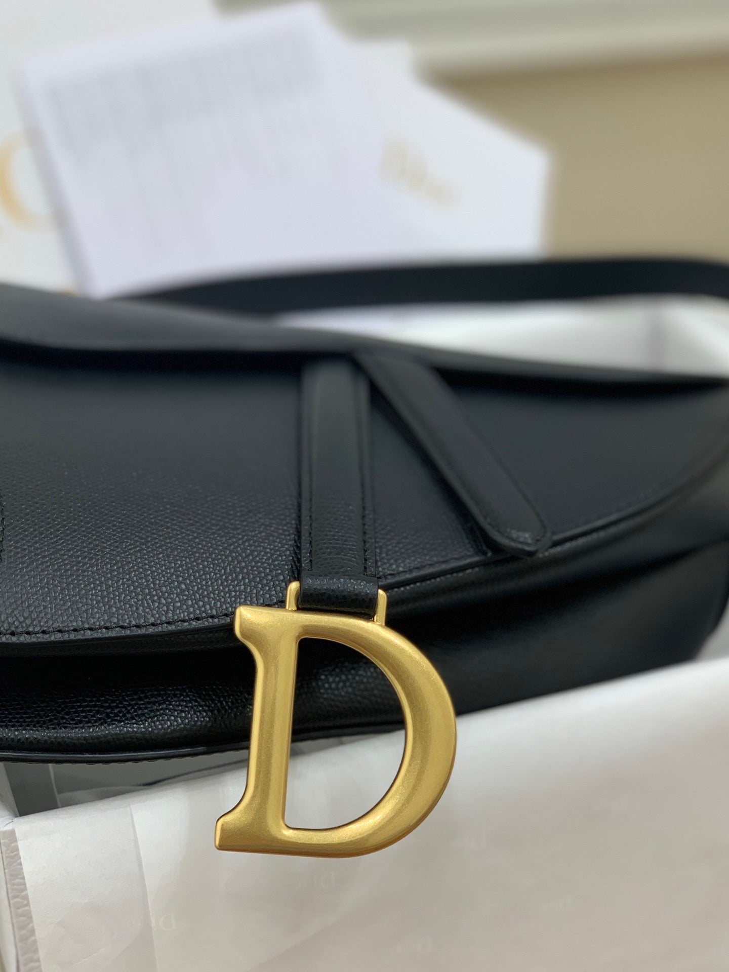 Black Grained Calfskin Saddle Bag With Strap