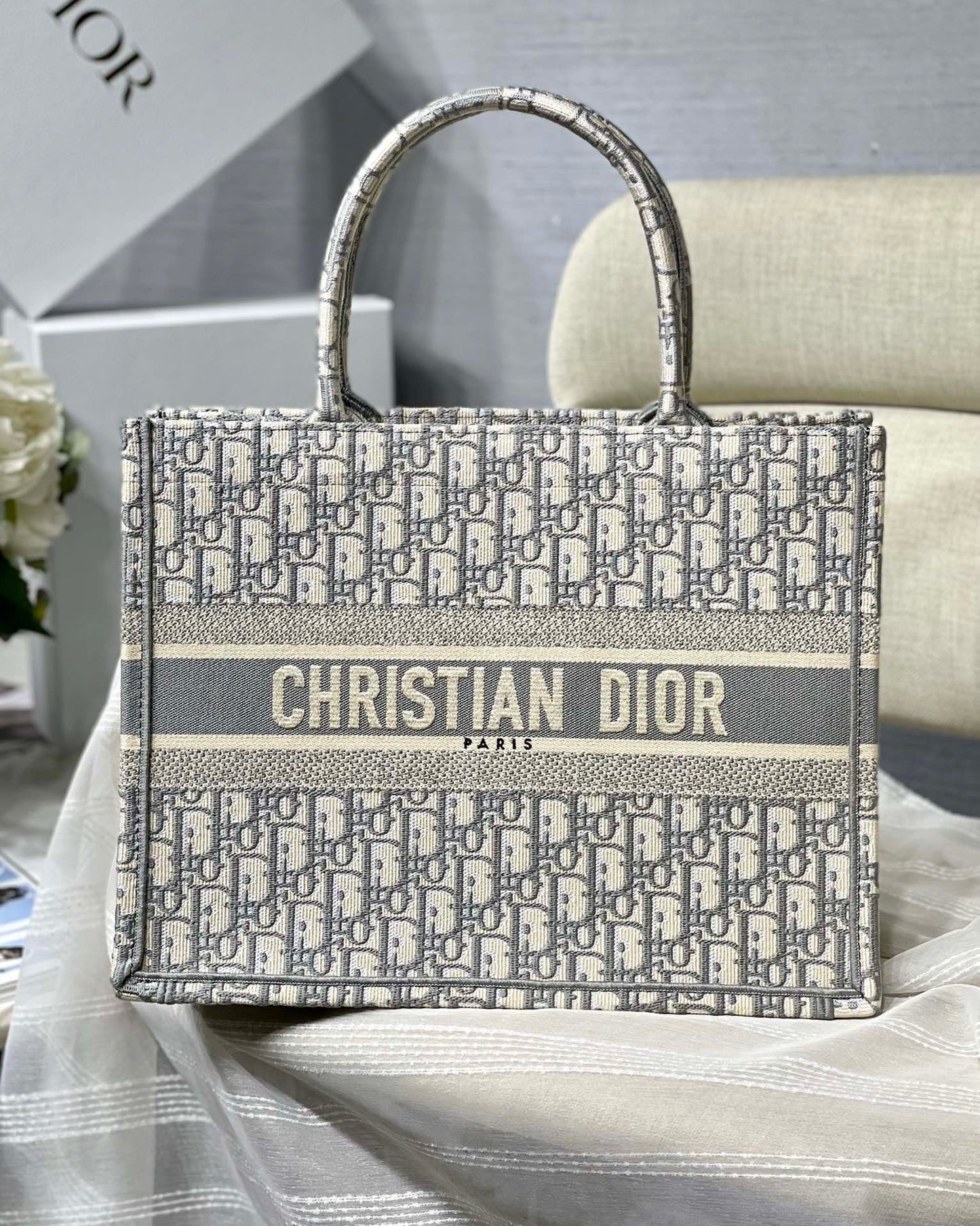 Gray Oblique Embroidery Dior Book Tote