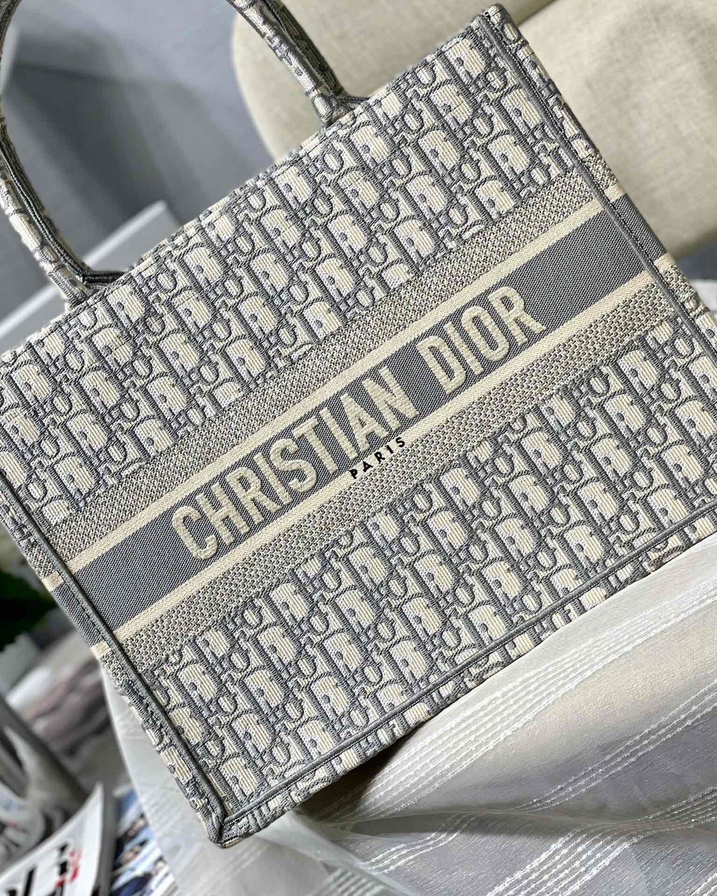 Gray Oblique Embroidery Dior Book Tote